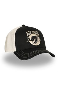 Casquette de camionneur noire et blanche avec un dos en maille, portant le texte "Von Dutch" et un logo de cochon volant brodé sur le panneau avant.