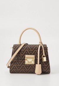 Pruun mustriga käekott geomeetrilise mustriga, kullast riistvaraga ja beeži käepidemega. Omab eemaldatavat rihma ja lukuga detaili.