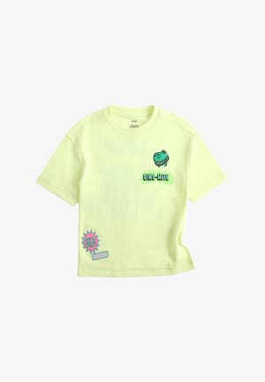 Lysegul kortærmet t-shirt med et lille grønt dinosaurhoved og "DINO-MITE" tekst på brystet samt farverig grafik nær kanten.