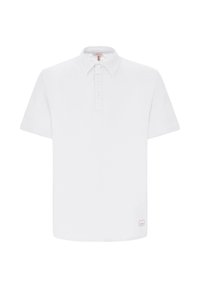 Polo shirt bianco a maniche corte in cotone, con colletto, chiusura a tre bottoni e un piccolo etichetta del marchio in basso a destra.