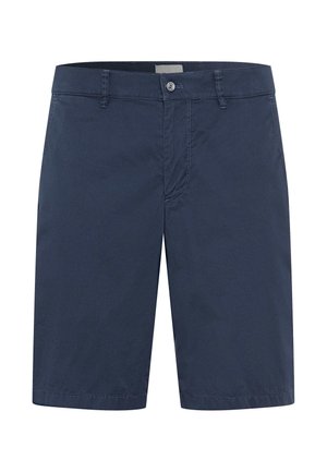 Navy blue shorts made of textured fabric, featuring a front button closure, two side pockets, and a classic fit with stitched hems.