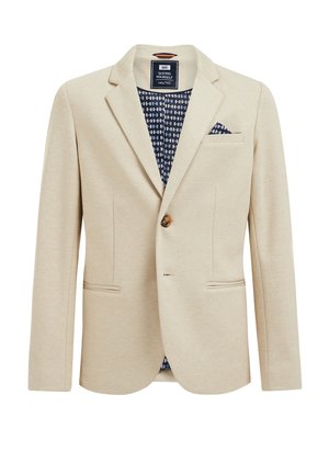Blazer beige in tessuto strutturato, con un unico bottone marrone, due tasche frontali e una fodera blu con motivo visibile al colletto.