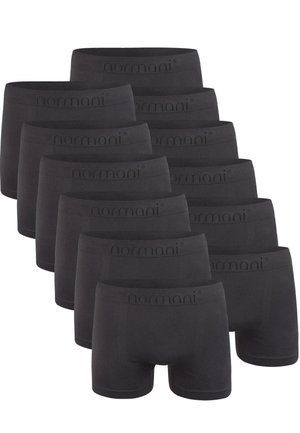 Schwarze Baumwoll-Boxershorts mit glatter Textur und elastischem Bund, mit dem Markennamen "normani" in kontrastierendem Schwarz gedruckt. Zehn Stück abgebildet.