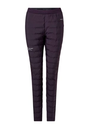 Pantalon matelassé isolant slim-fit violet foncé avec taille élastique et petit logo blanc sur la cuisse gauche et la hanche droite.