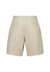 Pantalones cortos caqui con cintura elástica, dos bolsillos traseros y una textura suave de algodón. Presenta un corte recto y un diseño sencillo.