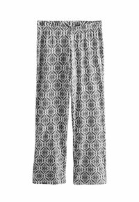 Grau gemusterte Hose aus leichtem Stoff, mit geometrischem Design und weißen Akzenten sowie einem elastischen Bund für Komfort.