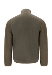 Fleece jacket in olive green with a high collar, textured fabric, and long sleeves. The design is minimalistic with no visible hardware.
