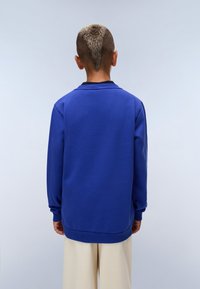 Felpa blu con maniche lunghe e colletto a costine, vista posteriore. Presenta una texture liscia e un colore uniforme. Abbinata a pantaloni di colore chiaro.