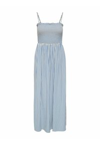 Gestreepte maxi-jurk met dunne schouderbandjes, met een gerimpelde buste, in lichtblauw en witte verticale strepen, met een vloeiende onderkant.