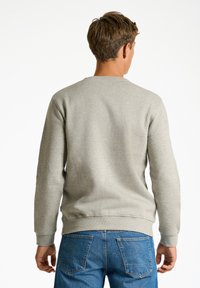 Felpa grigia con maniche lunghe e scollatura rotonda. Realizzata in un materiale morbido, presenta un orlo e polsini a coste. Indossata con jeans blu.