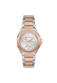 Srebrny zegarek ze stali nierdzewnej z różowo-złotą ośmiokątną obręczą, trzema subdials, srebrną teksturowaną tarczą i bransoletą w dwóch kolorach.