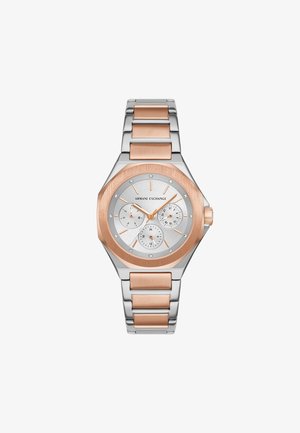 Orologio in acciaio inossidabile argento con una lunetta ottagonale in oro rosa, tre sottodial, quadrante testurizzato argentato e un bracciale in metallo bicolore.