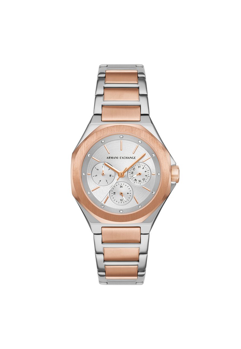 Srebrny zegarek ze stali nierdzewnej z różowo-złotą ośmiokątną obręczą, trzema subdials, srebrną teksturowaną tarczą i bransoletą w dwóch kolorach.