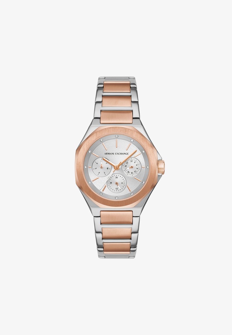 Srebrny zegarek ze stali nierdzewnej z różowo-złotą ośmiokątną obręczą, trzema subdials, srebrną teksturowaną tarczą i bransoletą w dwóch kolorach.