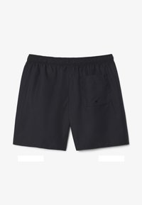 Shorts da nuoto neri con cintura elastica, tasca posteriore singola e tessuto leggero e liscio. Nessun motivo o decorazione visibile.
