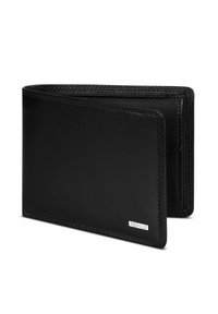 Black bi-fold leather wallet with visible stitching and small silver brand logo plaque on bottom right corner.