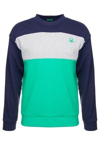 Puuvillane dressipluus, millel on mereväe sinise, halli ja rohelise värvi plokid. Omab ümarat kaelust ja väikest rohelist logo rinnal.