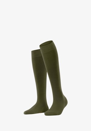 Grüne knielange Socken stehen aufrecht vor einem weißen Hintergrund und zeigen ihre glatte Textur und nahtloses Design.