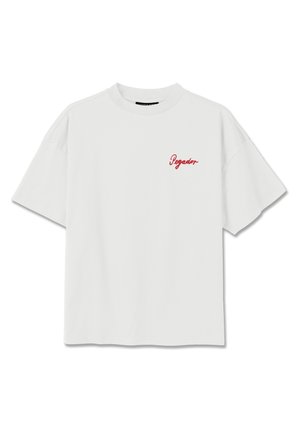 White short-sleeve crewneck t-shirt with red cursive "Pegador" text on the left chest, displayed against a white background.