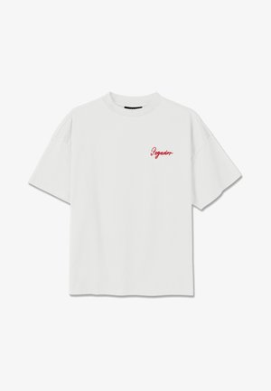 White short-sleeve crewneck t-shirt with red cursive "Pegador" text on the left chest, displayed against a white background.