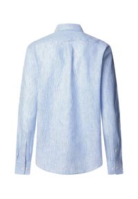 Camicia a maniche lunghe a righe azzurro chiaro e bianco con colletto button-down e dettaglio sulla spalla, caratterizzata da un orlo dritto e polsini con bottoni.