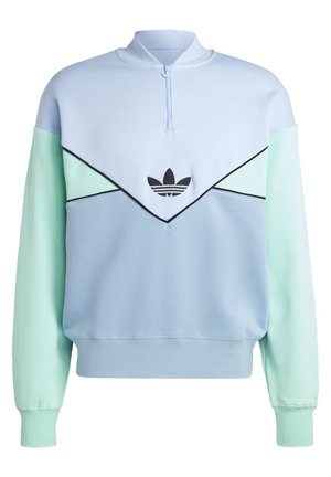 Hellblaues und minzgrünes Sweatshirt mit Viertelreißverschluss, schwarzem Adidas-Trefoil-Logo und Chevron-Design über Brust und Ärmeln.