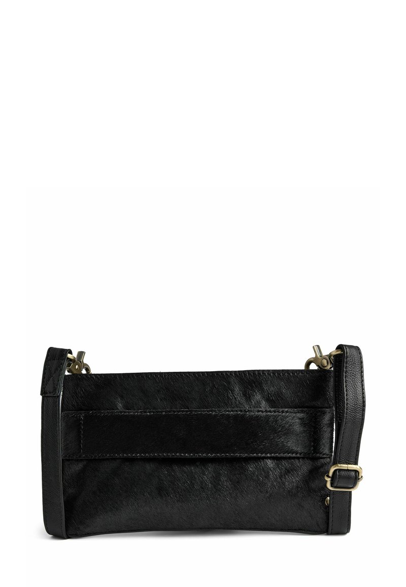 Svart läderclutch med en texturerad yta, i en enkel rektangulär form, med avtagbart band och metalliska detaljer.