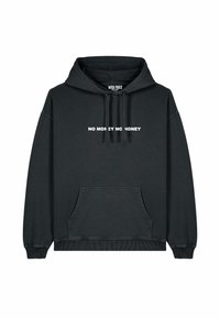 Black hoodie made from cotton, featuring a front pocket and ribbed cuffs. White text "NO MONEY NO HONEY" printed across the chest.