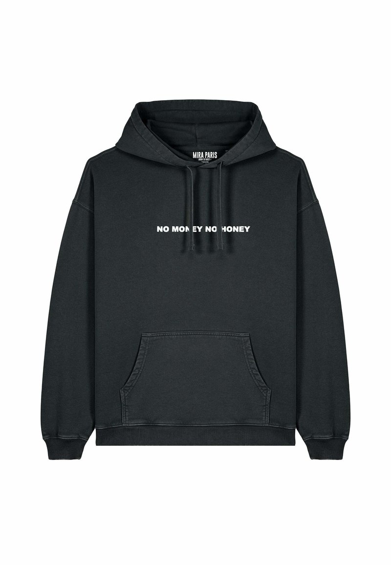 Felpa nera in cotone, con tasca frontale e polsini a costine. Testo bianco "NO MONEY NO HONEY" stampato sul petto.