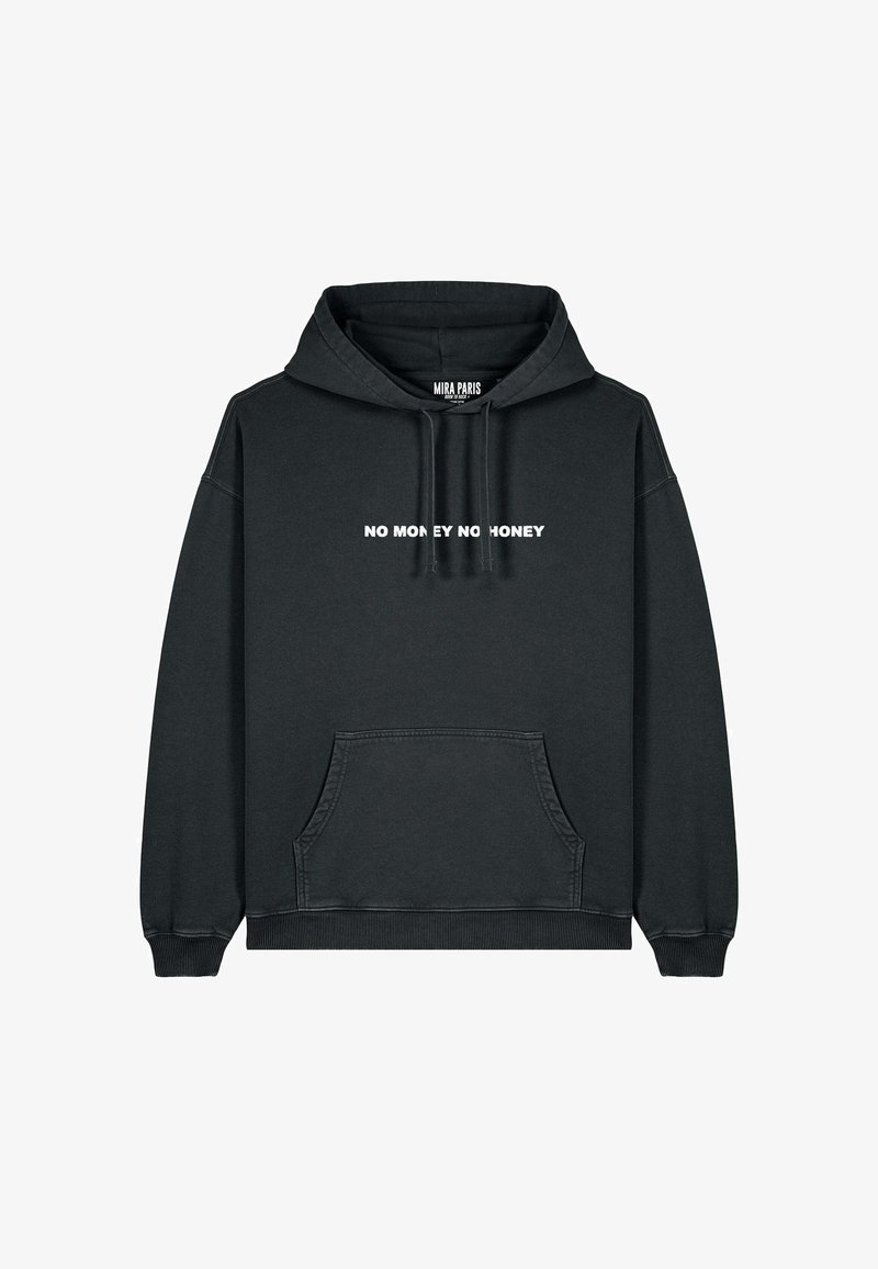 Felpa nera in cotone, con tasca frontale e polsini a costine. Testo bianco "NO MONEY NO HONEY" stampato sul petto.