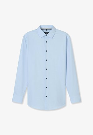 Lichtblauw overhemd voor heren met lange mouwen, zwarte knopen, klassieke kraag en een licht afgeronde zoom.