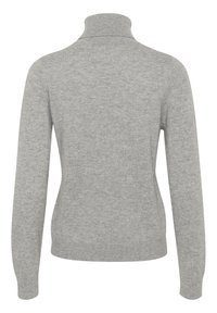 Grauer gestrickter Pullover mit hohem Kragen, langen Ärmeln und glatter Textur. Die Rückansicht zeigt ein enganliegendes Design mit gerippten Bündchen und Saum.