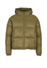 Olíva zöld pufidzseki kapucnival, cipzáras záródással és elasztikus mandzsettával. Tűzött részek jellemzik és laza szabású.