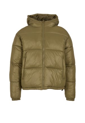 Olíva zöld pufidzseki kapucnival, cipzáras záródással és elasztikus mandzsettával. Tűzött részek jellemzik és laza szabású.