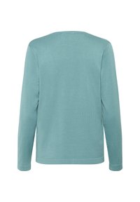 Długi sweter w jasnym odcieniu morskim, z okrągłym dekoltem i miękką, dzianinową fakturą. Widok z tyłu pokazuje prosty, nieskazitelny fason.