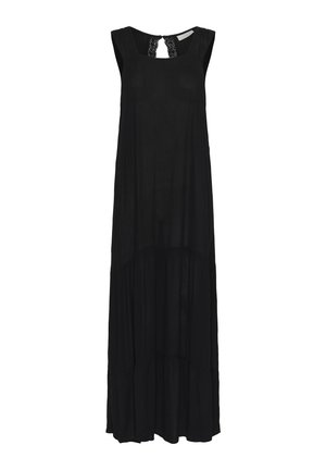 Czarna maxi sukienka z kwadratowym dekoltem, bez rękawów i koronkowymi detalami z tyłu. Zwiewny materiał z warstwami.