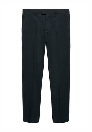 Black trousers made of smooth fabric, featuring a straight cut, two front pockets, and a tailored waistband with belt loops.