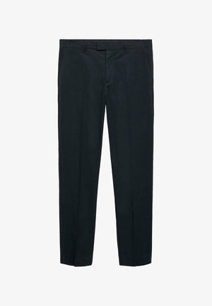 Black trousers made of smooth fabric, featuring a straight cut, two front pockets, and a tailored waistband with belt loops.