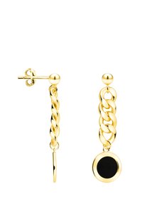 Guldtonade örhängen med en kedjelänkdesign. Har en rund svart accent längst ner, säkrad med en stiftstängning.