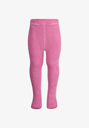 Rosa gerippte Baby-Leggings mit Füßen, hohem Bund und dezentem weißen Markenschriftzug am Bund, flach auf weißem Hintergrund liegend.