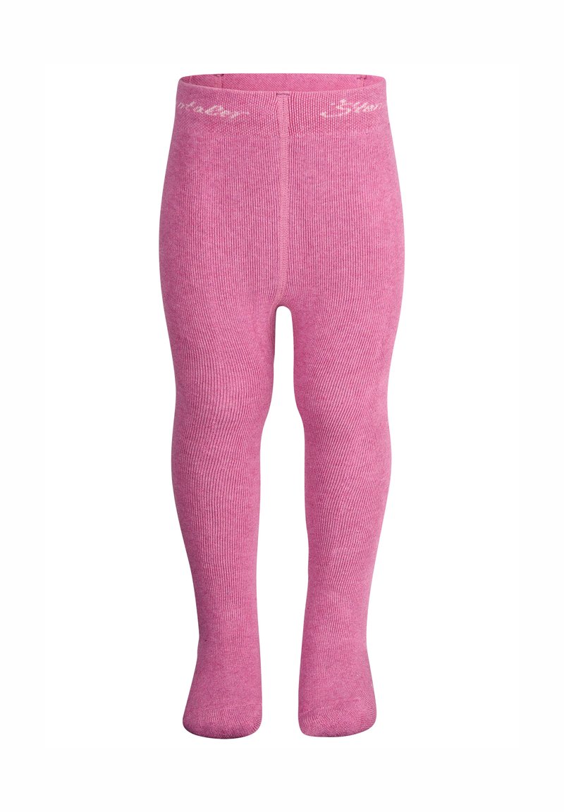 Leggings per neonati rosa in maglia a coste con piedi, vita alta e sottile testo bianco del marchio sulla fascia in vita, mostrati distesi su sfondo bianco.