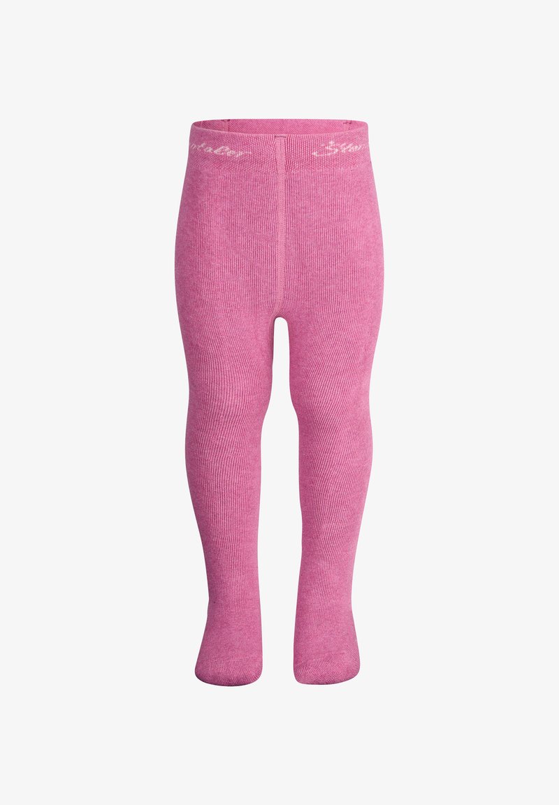 Leggings per neonati rosa in maglia a coste con piedi, vita alta e sottile testo bianco del marchio sulla fascia in vita, mostrati distesi su sfondo bianco.