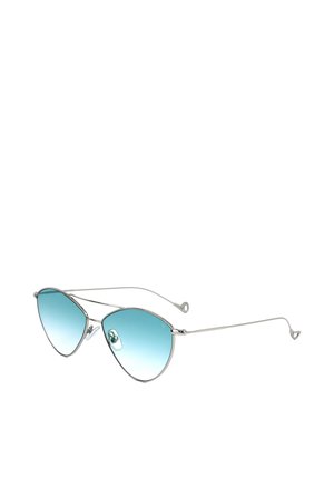 Occhiali da sole con montatura a filo argento, lenti sfumate blu e aste sottili su sfondo bianco.
