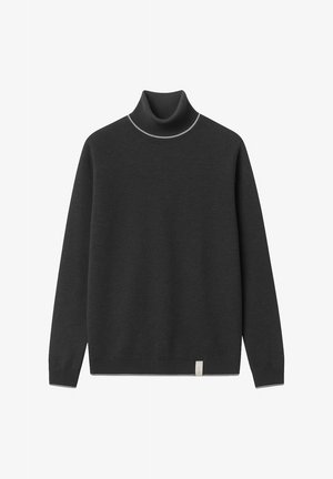 Dunkelgrauer Rollkragenpullover aus weichem Material mit hohem Kragen, langen Ärmeln und kontrastierenden hellgrauen Nähten am Halsausschnitt.