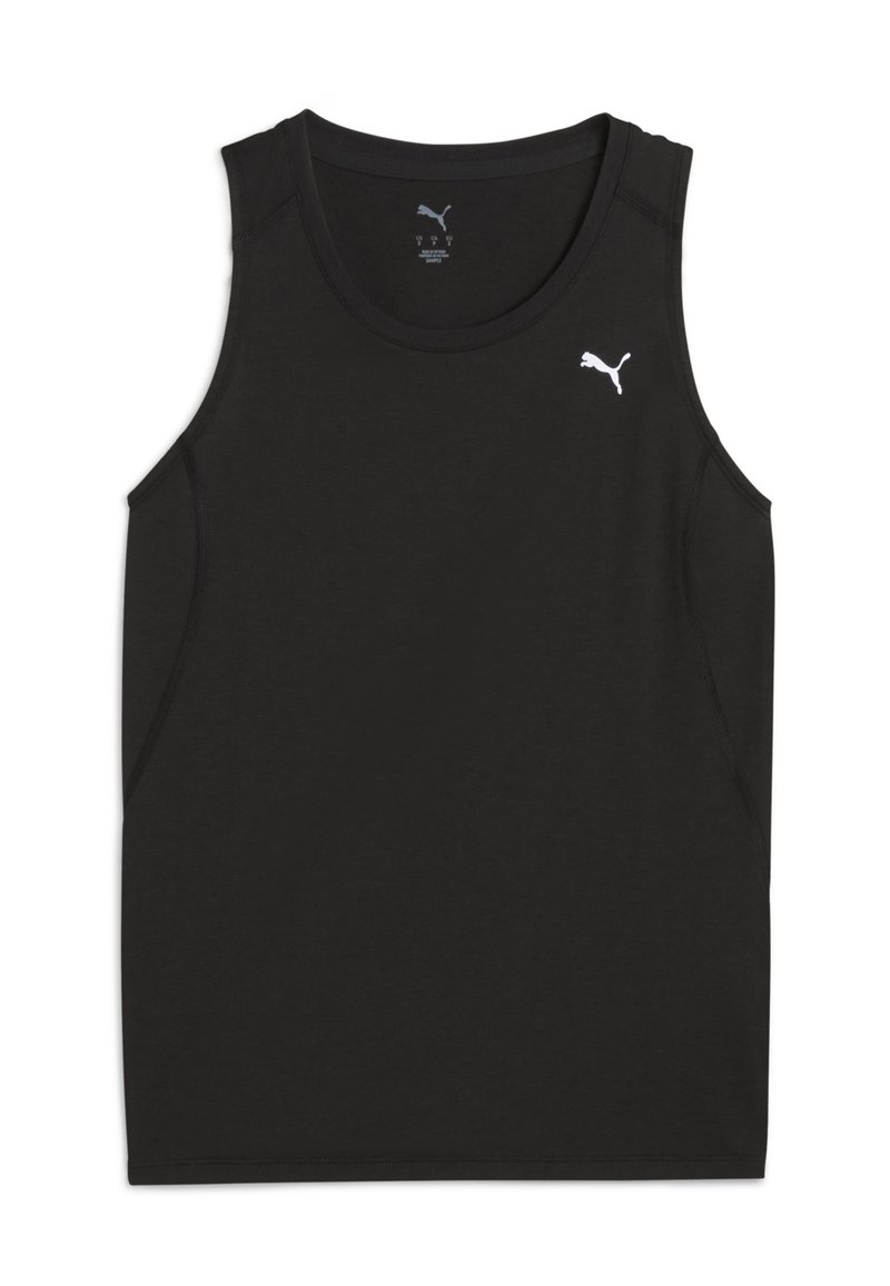 Svart ärmlös tanktopp i mjukt tyg med rund halsringning och sidsömmar. Den har en liten vit Puma-logga på övre bröstet.