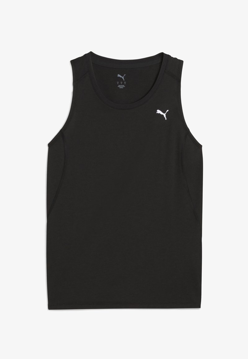 Svart ärmlös tanktopp i mjukt tyg med rund halsringning och sidsömmar. Den har en liten vit Puma-logga på övre bröstet.