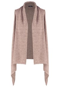 Leicht rosa gestrickter Wickel mit offenem Frontbereich, der einen strukturierten Stoff und verlängerte, drapierte Kanten aufweist. Weiches und vielseitiges Design.