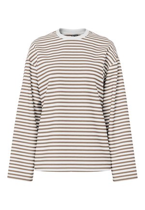 Chemise à manches longues rayée en blanc et brun clair. Présente un col rond et un tissu doux et lisse avec des rayures horizontales uniformes.