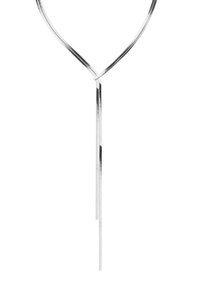 Sølvmetal halskæde med et V-formet design, hvor to forlængede strenge hænger ned, glat tekstur og minimalistisk stil.