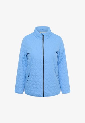 Világoskék steppelt dzseki magas gallérral, teljes elülső cipzárral, két oldalzsebbel és sima textúrával. Gyémántmintás varrással díszített.